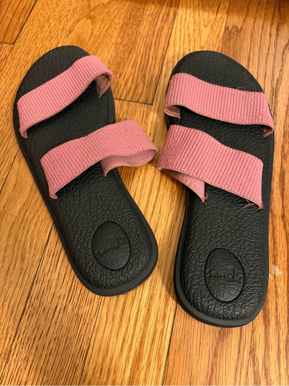 Sanuk Two-Strap Slide Sandals in Pink and Black